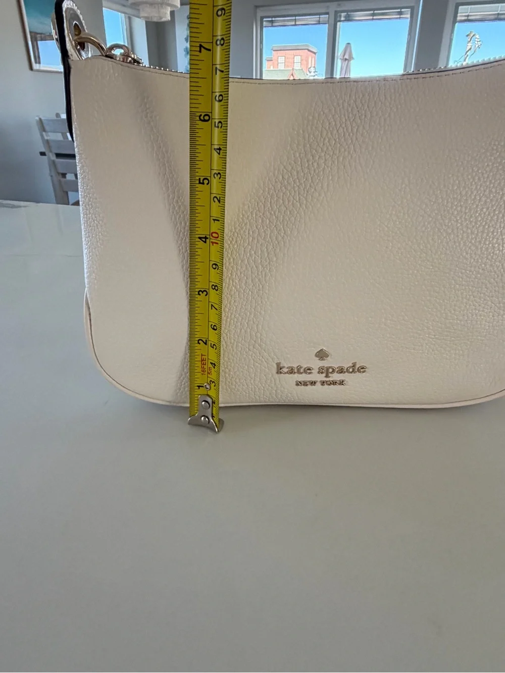 Kate Spade Ivory White Pebbled Leather Crossbody with Tan Striped Strap Like New